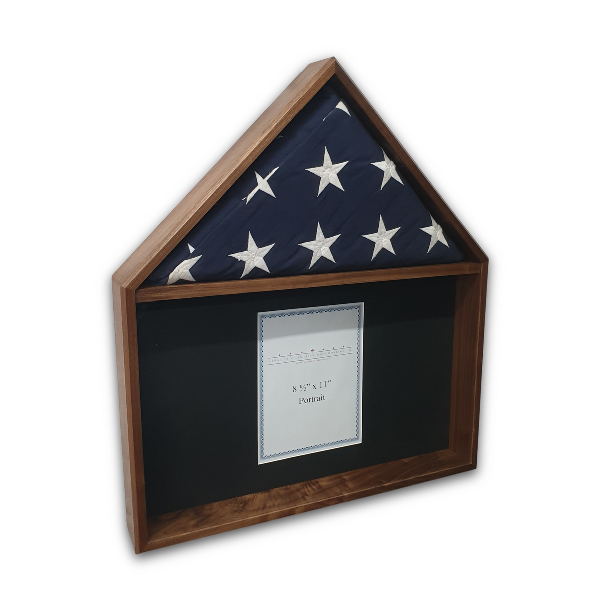 Walnut Burial Flag Memorial Veteran Display Case with certificate display.