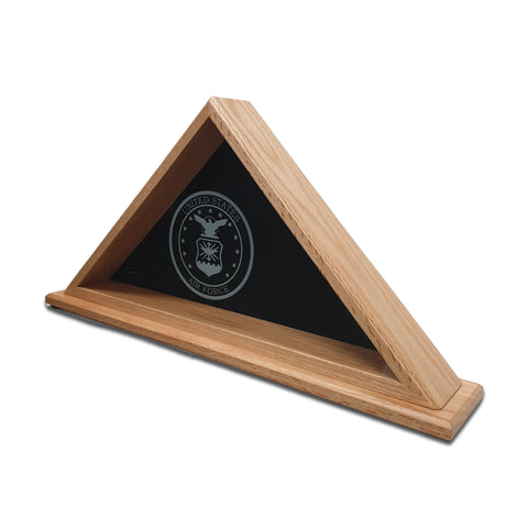 Burial Memorial Flag Display Case for deceased Veteran. Holds one folded 5' by 9.5' burial flag. Made with real Oak hardwood. American Made - Veteran Built™ Shown with Air Fore Emblem Glass Engraving