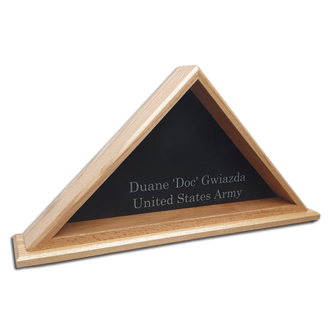 Burial Memorial Flag Display Case for deceased Veteran. Holds one folded 5' by 9.5' burial flag. Made with real Oak hardwood. American Made - Veteran Built™ Shown with Text Glass Engraving