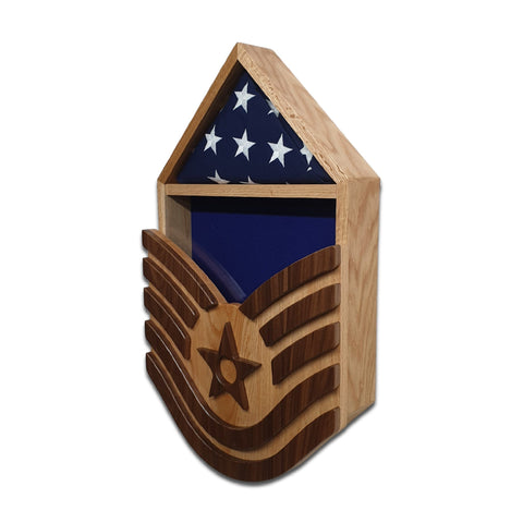 Military retirement shadow box for US Air Force Technical Sergeant. Made of real Oak and Walnut hardwood. Holds a 3'x5' folded flag. Right angled view.
