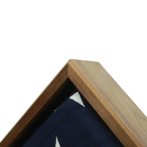 Burial Memorial Flag Display Case for deceased Veteran. Holds one folded 5' by 9.5' burial flag. Made with real Walnut hardwood. American Made - Veteran Built. Zoom in shoot of top joint of burial flag display case.