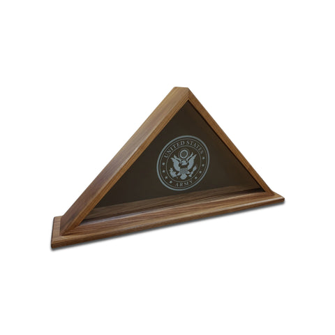 Burial Memorial Flag Display Case for deceased Veteran. Holds one folded 5' by 9.5' burial flag. Made with real Walnut hardwood. American Made - Veteran Built™ Shown with Army Service Mark Glass Engraving