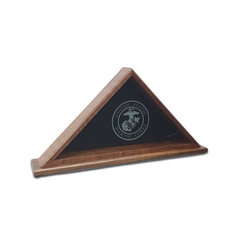 Burial Memorial Flag Display Case for deceased Veteran. Holds one folded 5' by 9.5' burial flag. Made with real Walnut hardwood. American Made - Veteran Built™ Shown with Marine Emblem Glass Engraving
