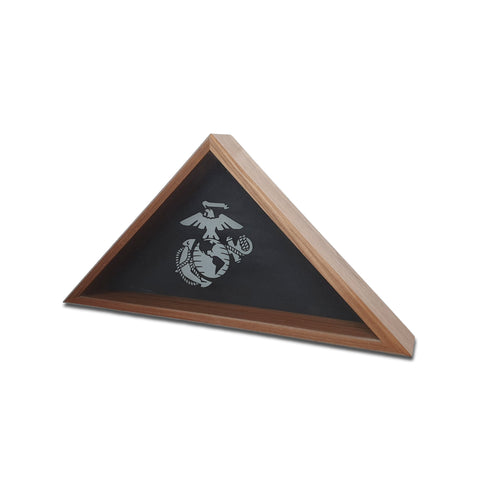 Burial Memorial Flag Display Case for deceased Veteran. Holds one folded 5' by 9.5' burial flag. Made with real Walnut hardwood. American Made - Veteran Built™ Shown with Marine EGA Glass Engraving