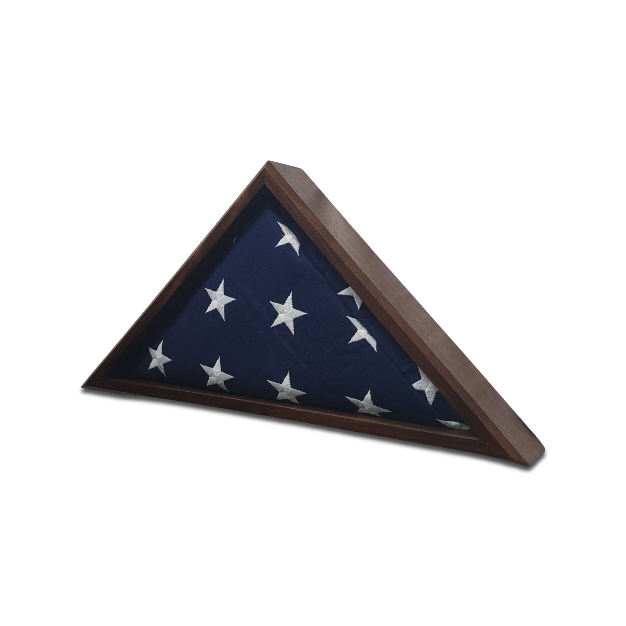 Walnut 4'x6' Flag Display case made out of real Walnut hardwood and glass, shown with a 4'x6' folded American flag.