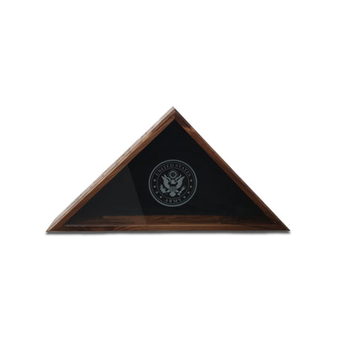 Walnut ARMY Burial Flag Display Case crafted by Legacies of America Woodworking Co. with the Army Service Mark glass engraving.