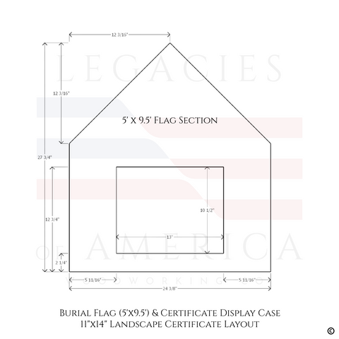Burial Flag Memorial Veteran Display Case with 11x14 landscape certificate display.