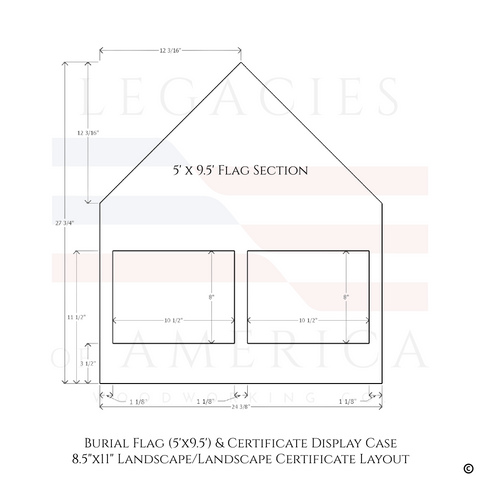 Burial Flag Memorial Veteran Display Case with 8.5x11 landscape and landscape certificate display.