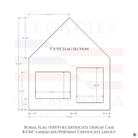 Burial Flag Memorial Veteran Display Case with 8.5x11 portrait and landscape certificate display.