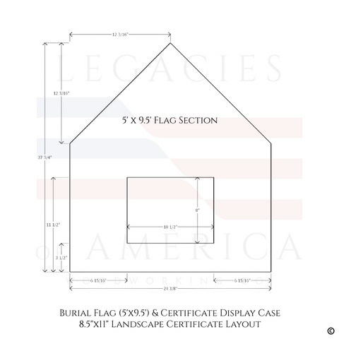 Burial Flag Memorial Veteran Display Case with 8.5x11 landscape certificate display.