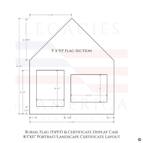 Burial Flag Memorial Veteran Display Case with 8.5x11 portrait and landscape certificate display.