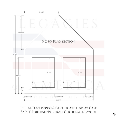 Burial Flag Memorial Veteran Display Case with 8.5x11 portrait and portrait certificate display.