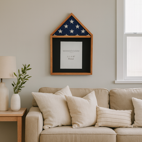 Cherry 3'x5' Flag & Certificate Display Case display on a white wall, in a home's livingroom.