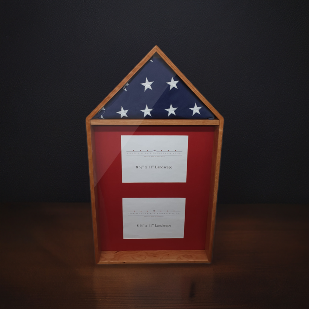 Legacies of America Woodworking Co. Cherry hardwood 4' x 6' Flag with 2 certificate displayed in the shadow box area. Made with real hardwood and real glass, handcrafted by U.S. Military Veterans in America. Sitting on a table.