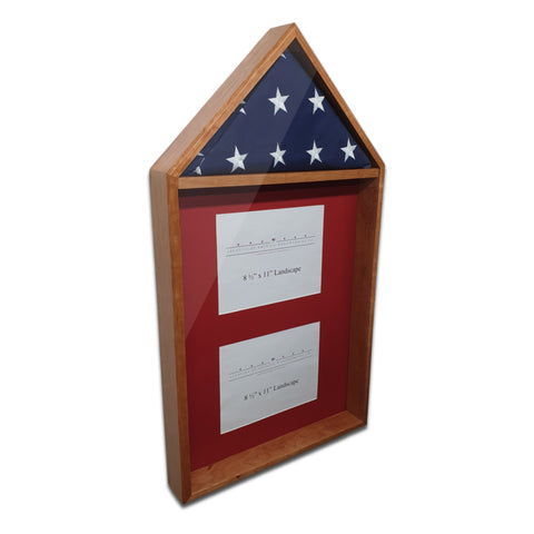 Legacies of America Woodworking Co. Cherry hardwood 4' x 6' Flag with 2 certificate displayed in the shadow box area. Made with real hardwood and real glass, handcrafted by U.S. Military Veterans in America.