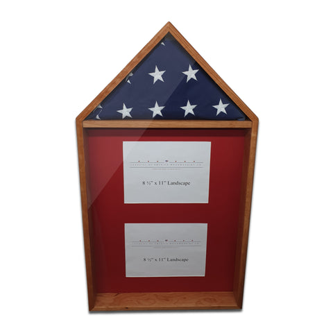 Legacies of America Woodworking Co. Cherry hardwood 4' x 6' Flag with 2 certificate displayed in the shadow box area. Made with real hardwood and real glass, handcrafted by U.S. Military Veterans in America.