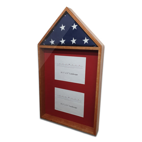 Legacies of America Woodworking Co. Cherry hardwood 4' x 6' Flag with 2 certificate displayed in the shadow box area. Made with real hardwood and real glass, handcrafted by U.S. Military Veterans in America.