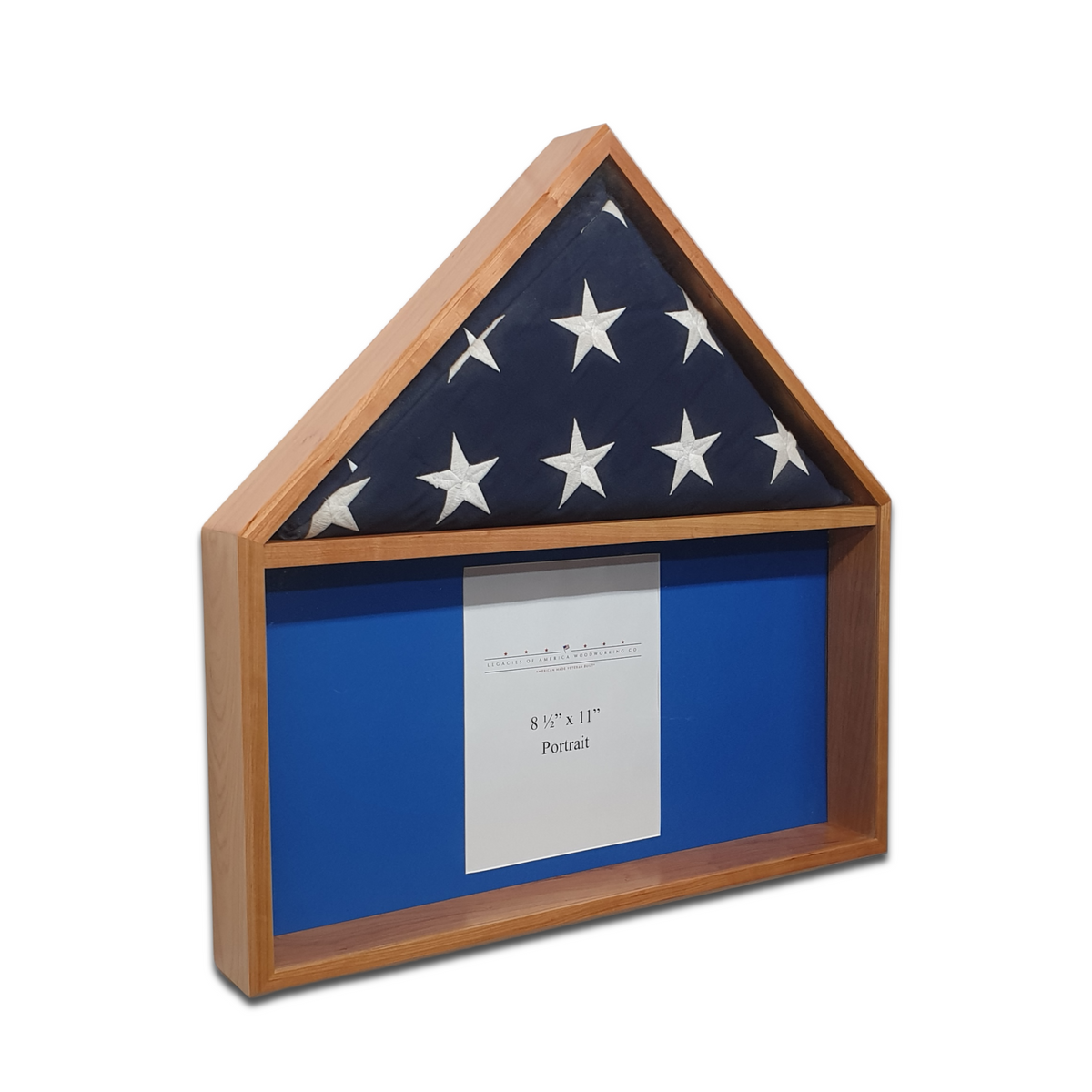 Cherry Burial Flag Memorial Veteran Display Case with certificate display.