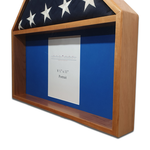 Cherry Burial Flag Memorial Veteran Display Case with certificate display. Certificate display section.