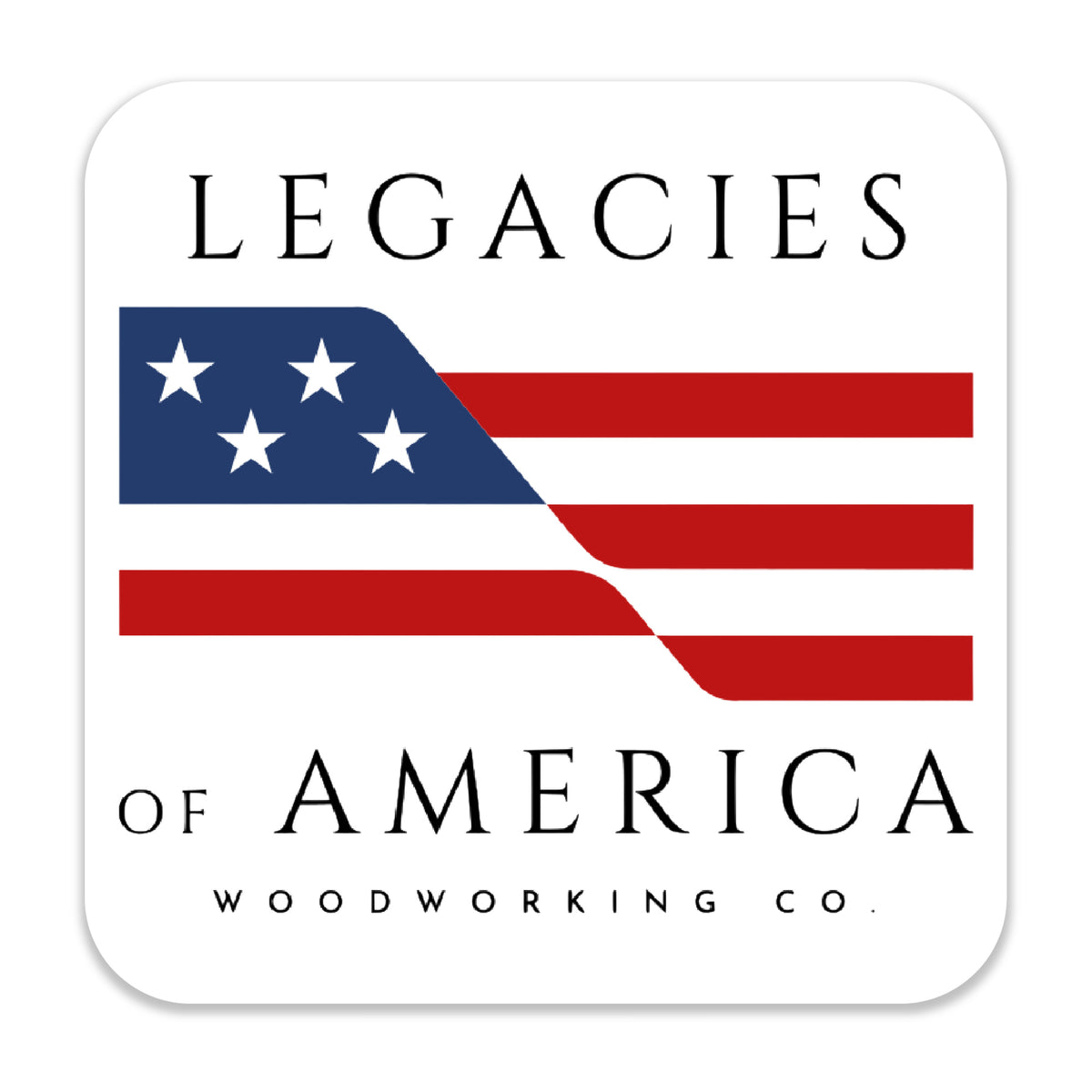 Legacies of America Woodworking Co. 3 inch logo sticker on a white background