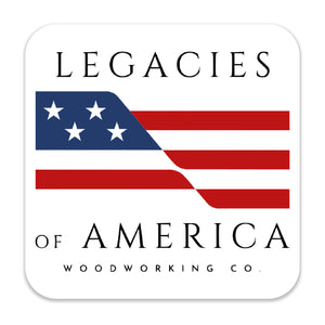 Legacies of America Woodworking Co. 3 inch logo sticker on a white background