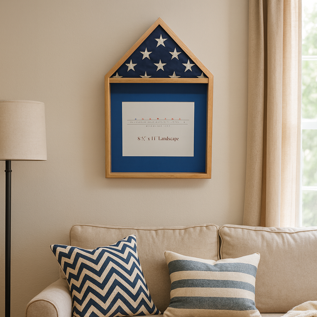 Living room with beige sofa, decorative pillows, and Maple 3'x5' Flag & Certificate Display case built by Legacies of America Woodworking Co.