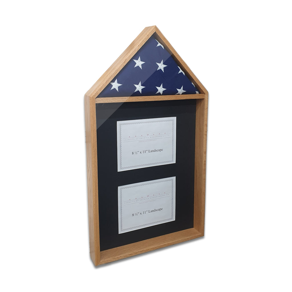 Legacies of America Woodworking Co. Oak hardwood 4' x 6' Flag with 2 certificate displayed in the shadow box area. Made with real hardwood and real glass, handcrafted by U.S. Military Veterans in America.