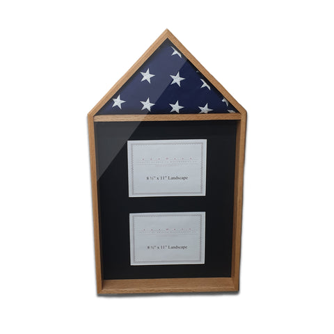 Legacies of America Woodworking Co. Oak hardwood 4' x 6' Flag with 2 certificate displayed in the shadow box area. Made with real hardwood and real glass, handcrafted by U.S. Military Veterans in America.
