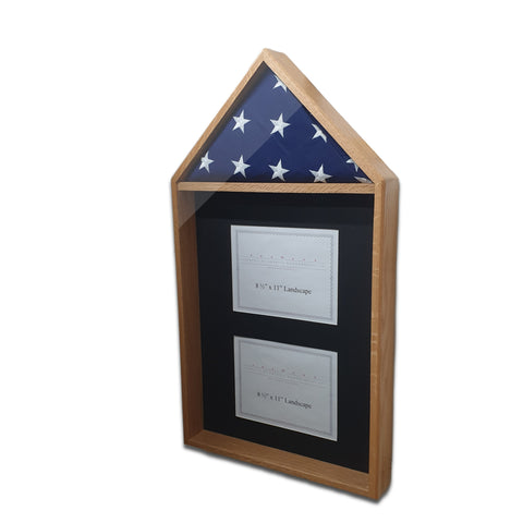 Legacies of America Woodworking Co. Oak hardwood 4' x 6' Flag with 2 certificate displayed in the shadow box area. Made with real hardwood and real glass, handcrafted by U.S. Military Veterans in America.