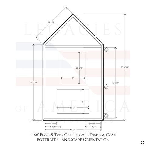 Dimensions for certificates being displayed in a Portrait - Landscape orientation option.