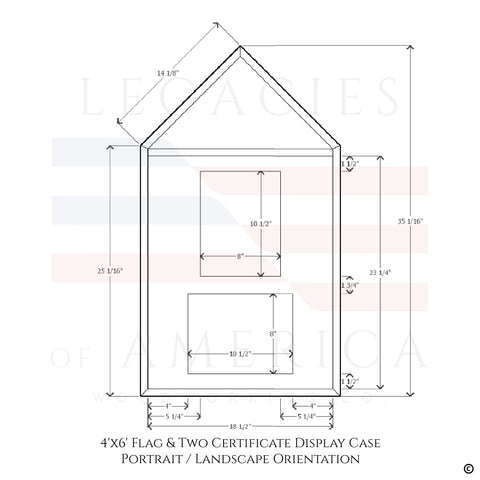 Dimensions for certificates being displayed in a Portrait - Landscape orientation option.