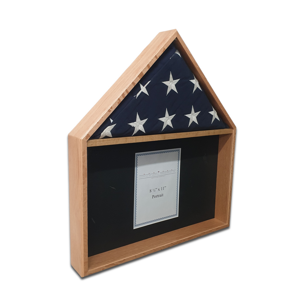 Oak Burial Flag Memorial Veteran Display Case with certificate display.