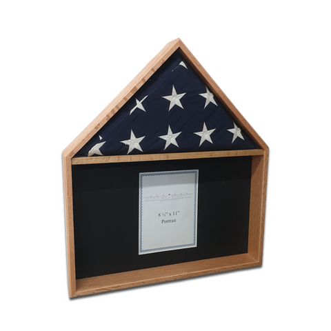 Oak Burial Flag Memorial Veteran Display Case with certificate display.