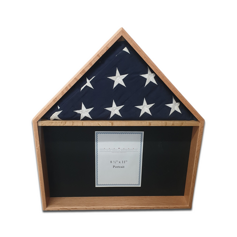 Oak Burial Flag Memorial Veteran Display Case with certificate display.