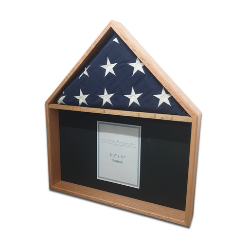 Oak Burial Flag Memorial Veteran Display Case with certificate display.