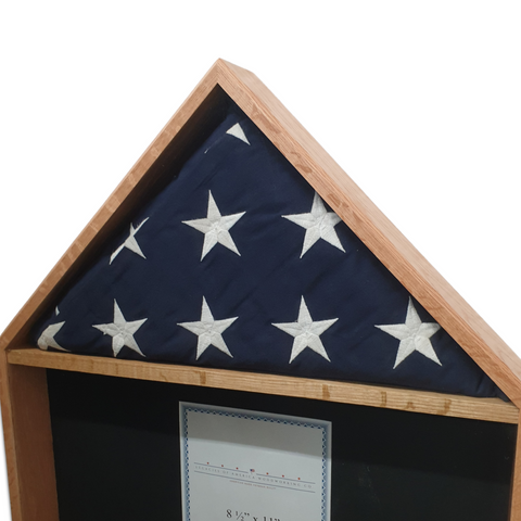 Oak Burial Flag Memorial Veteran Display Case with certificate display. 5'x9.5' Burial Flag Section.