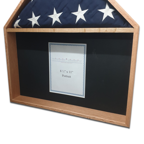 Oak Burial Flag Memorial Veteran Display Case with certificate display. Certificate area.