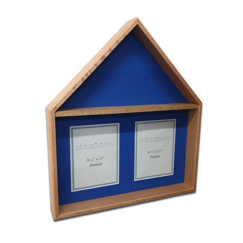 Oak Burial Flag Memorial Veteran Display Case with 8.5x11 portrait and portrait certificate display.