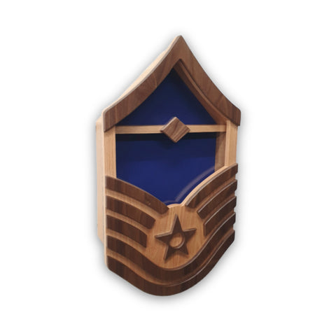 Handcrafted military retirement shadow box for U.S. Air Force Master Sergeant, made from solid Oak and Walnut hardwood. Holds a 3'x5' folded American flag. Features optional First Sergeant diamond made of Walnut, for a personalized tribute. Ideal for displaying medals, ribbons, and rank insignia.