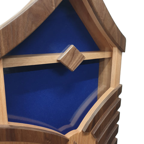 Handcrafted military retirement shadow box for U.S. Air Force Master Sergeant, made from solid Oak and Walnut hardwood. Holds a 3'x5' folded American flag. Features optional First Sergeant diamond made of Walnut, for a personalized tribute. Ideal for displaying medals, ribbons, and rank insignia.