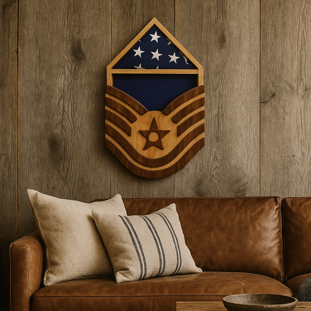 USAF Technical Sergeant Military Retirement Shadow Box hanging on a living room wall, displaying the blue felt interior and folded 3'x5' American flag in a home setting.