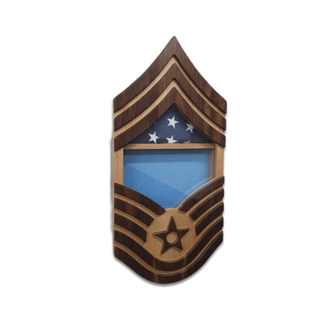 Military retirement shadow box for US Air Force Chief Master Sergeant. Made of real Oak and Walnut hardwood. Holds a 3'x5' folded flag. Shown with Light Blue felt option.