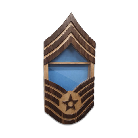 Military retirement shadow box for US Air Force Chief Master Sergeant. Made of real Oak and Walnut hardwood. Holds a 3'x5' folded flag. Shown with Light Blue felt option.