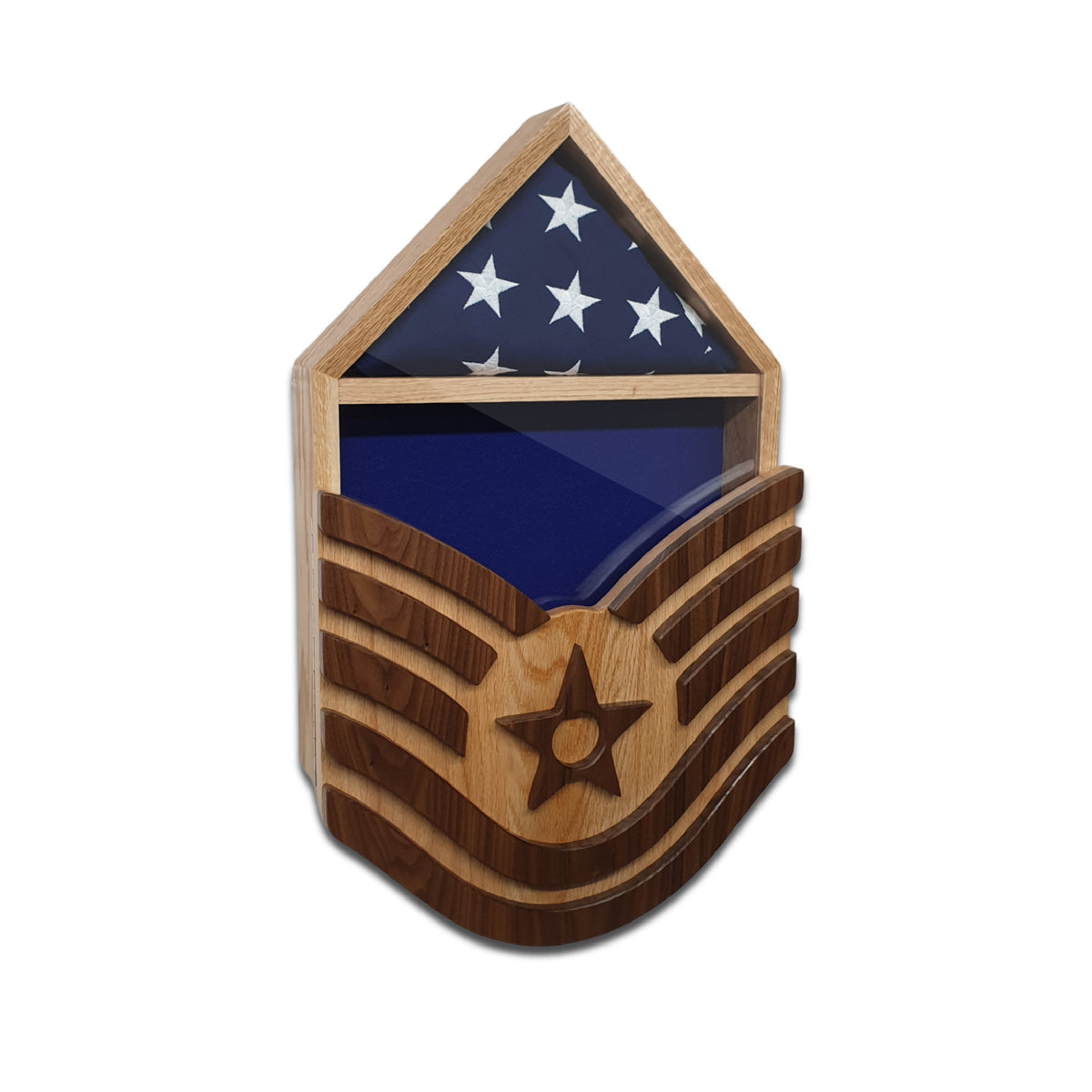 Left-angled view of a United States Air Force Technical Sergeant Military Retirement Shadow Box, handcrafted from hardwood with blue felt backing and a folded 3'x5' American flag displayed in the flag compartment.