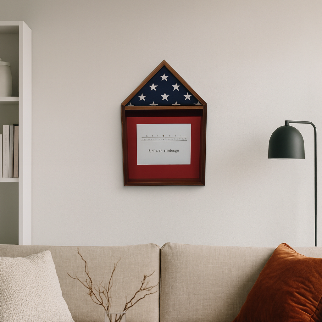 Living room with beige sofa, white bookshelf, black lamp, and a Walnut 3'x5' Flag & Certificate Display Case built by Legacies of America Woodworking Co.
