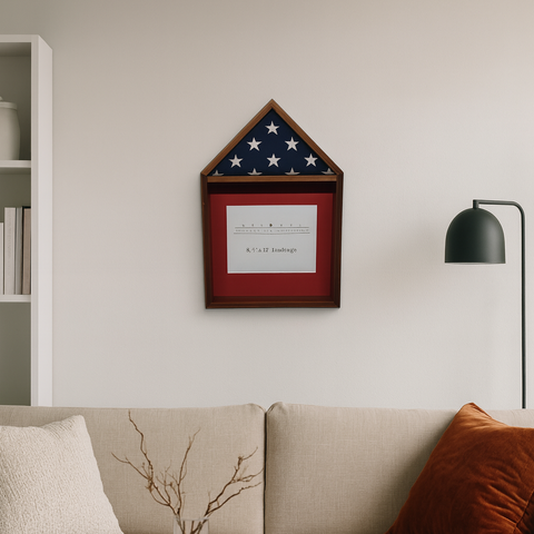 Living room with beige sofa, white bookshelf, black lamp, and a Walnut 3'x5' Flag & Certificate Display Case built by Legacies of America Woodworking Co.