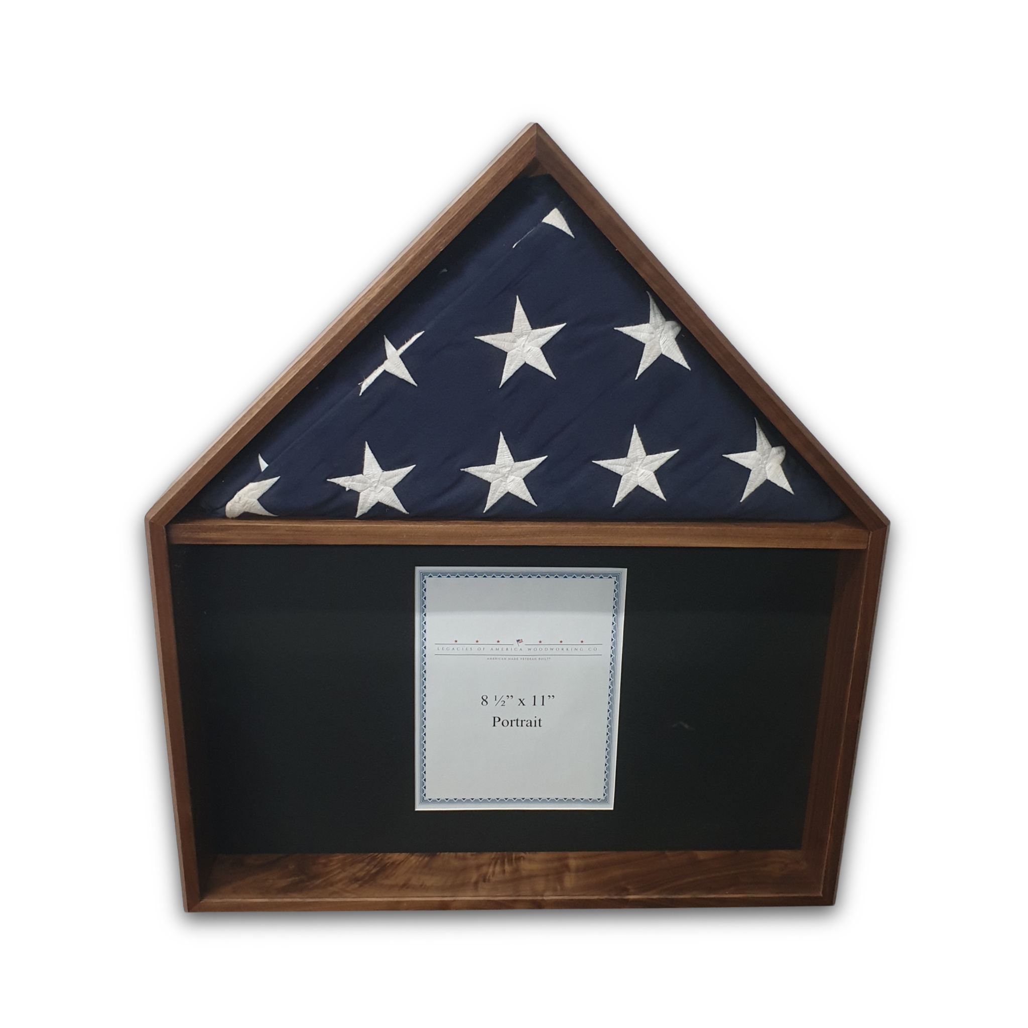 Walnut Burial Flag Memorial Veteran Display Case with certificate display.