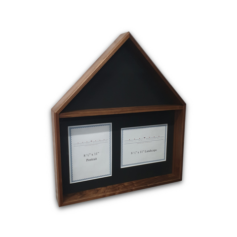 Walnut Burial Flag Memorial Veteran Display Case with 8.5x11 portrait and landscape certificate display.