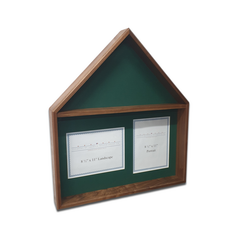 Walnut Burial Flag Memorial Veteran Display Case with 8.5x11 portrait and landscape certificate display.