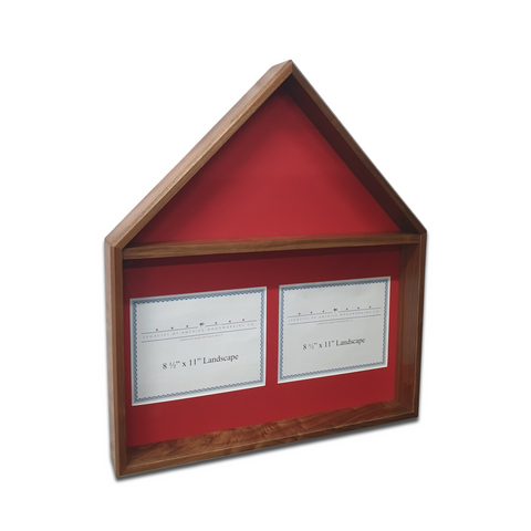 Walnut Burial Flag Memorial Veteran Display Case with 8.5x11 landscape and landscape certificate display.